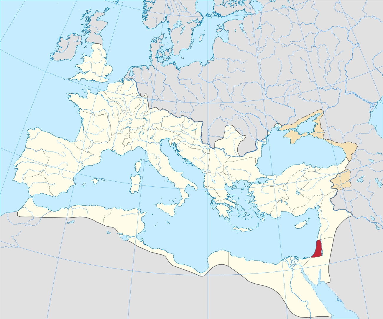 The Roman Empire under the reign of Hadrian (125 CE) with Judaea highlighted in red